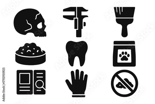 Forensic Archaeology Icons. Solid style icons of Forensic Archaeology: Skull Fragment, Measuring Caliper, Brush Tool, Soil Sample,