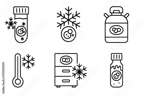 Stem Cell Research Icons. Line style icons of stem cell research: cryopreservation, frozen cell icon, cryotank diagram,