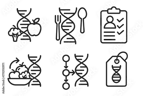 Nutrigenomics Line Icons. Line style icons of nutrition science: nutritional genomics, DNA with food icon, personalized diet chart