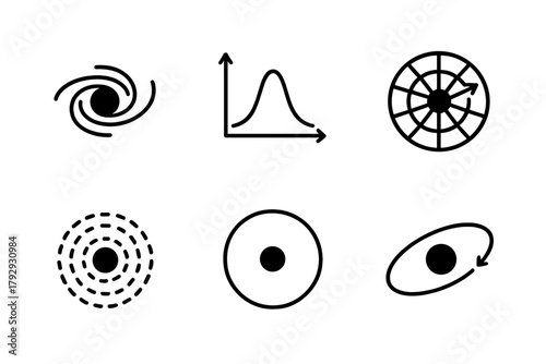 Dark Matter Icons. Line style icons of dark matter: galactic core mass, velocity dispersion, bulge rotation chart, central mass