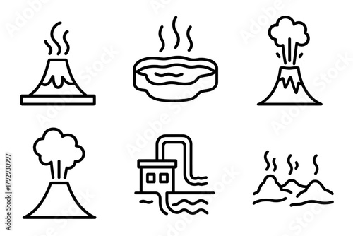 Volcanology Line Icons. Line style icons of volcanology: geothermal vent, hot spring, geyser eruption, steam plume, geothermal