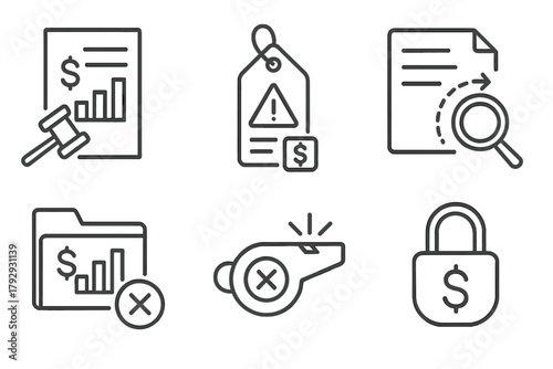 Hedge Fund Icons. Line style icons of hedge funds: regulatory fine icon, risk alert tag, audit trail symbol, fund deactivation