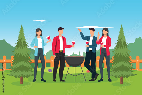 office gathering grilling in the park. office Gathering concept. colored flat vector illustration isolated
