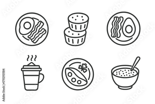Keto Diet Icons. Line style icons of ketogenic diet: keto breakfast, egg muffins icon, bacon and avocado plate, bulletproof coffee