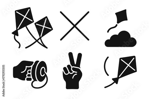 High Sky Duel Icons. Solid style icons of High Sky Duel: Two Kites, Taut String, Crossing Lines, Cut Fragment, Cloudy Horizon,