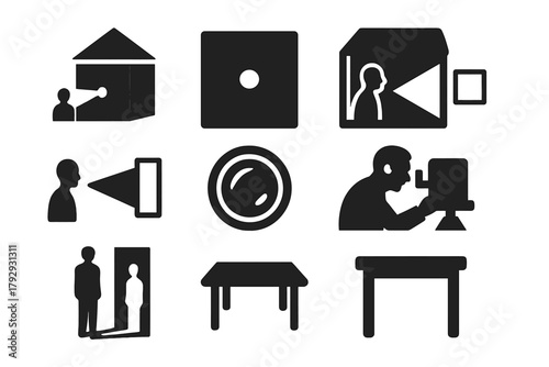 Optical History Icons. Solid style icons of Optical History: Camera Obscura, Pinhole, Dark Room, Projected Image, Lens, Viewer,