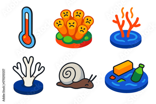 Coral Bleaching Icons. Isometric vector illustration set Coral Bleaching: Thermometer, Stressed Polyps, Warming Waters, White