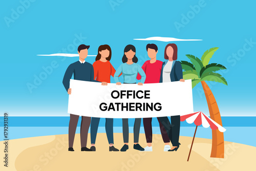 office gathering together on the beach. office Gathering concept. colored flat vector illustration isolated