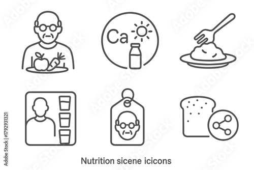 Nutrition Science Icons. Line style icons of nutrition science: elderly nutrition, calcium and vitamin D icon, soft foods symbol,