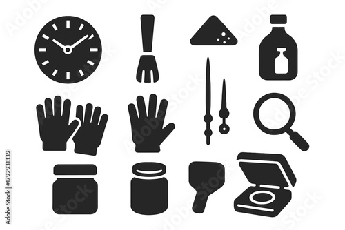 Vintage Watchmaking Tools Icons. Solid style icons of Vintage Horology Tools: Watch Face, Brush, Radium Powder, Gloves, Clock