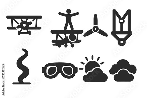 Airshow Spectacle Icons. Solid style icons of Airshow Performance: Biplane, Wingwalker, Propeller, Harness, Smoke Trail, Goggles,