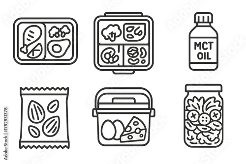 Ketogenic Travel Essentials. Line style icons of ketogenic diet: keto travel meals, packed keto lunchbox, travel-size MCT oil, dry