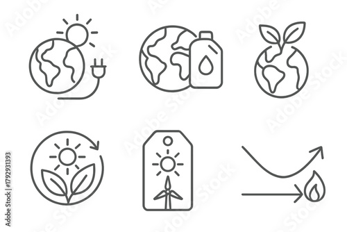 Artificial Photosynthesis Icons. Line style icons of artificial photosynthesis: global energy transition, planet and fuel icon,