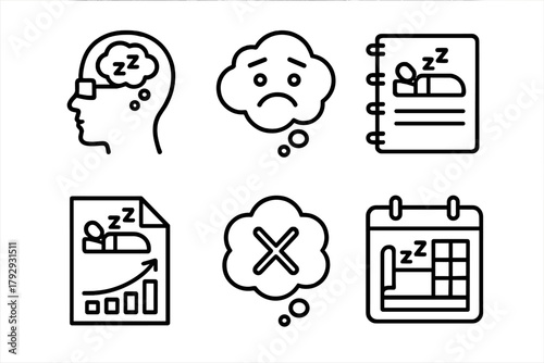 Sleep Therapy Icons. Line style icons of sleep therapy: cognitive behavioral therapy for insomnia (CBT-I), negative thoughts icon,