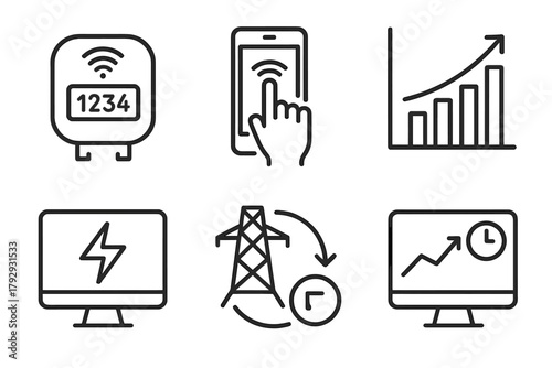 Renewable Energy Icons. Line style icons of renewable energy: smart meter icon, remote reading, consumption graph, digital energy