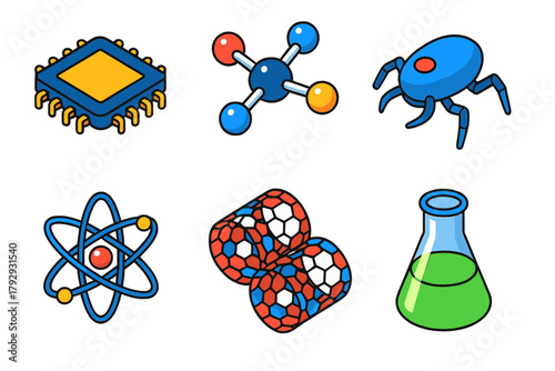 Nanotechnology Icons Showcase. Isometric vector illustration set Nanotechnology: Microchip, Molecular Model, Nanobot, Atomic