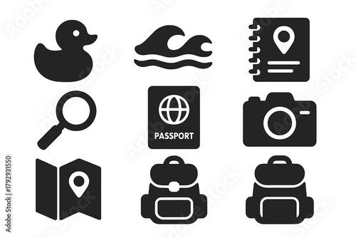 Toy Voyaging Essentials. Solid style icons of Toy Voyaging: Rubber Duck, Ocean Current, Travel Log, Discovery, Passport, Camera,