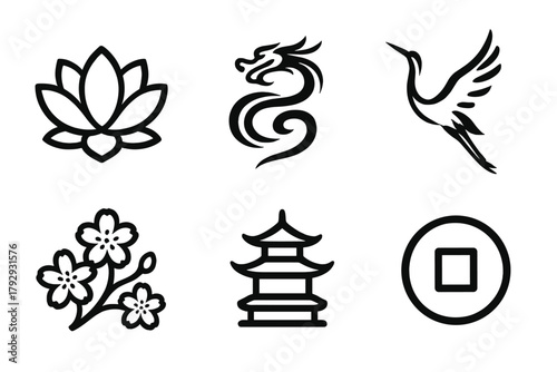 Cultural Calligraphy Icons. Line style icons of Cultural Calligraphy Motifs: lotus blossom, dragon swirl, crane in brush, cherry