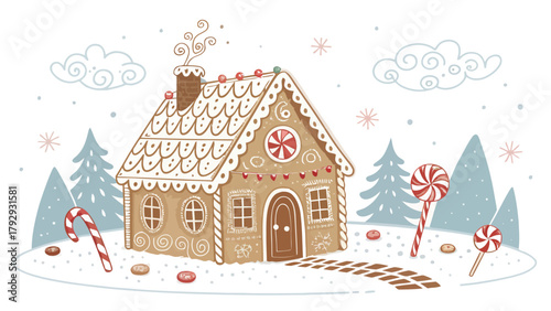 Charming gingerbread house illustration for festive holiday designs, sweet treat concept, ideal for Christmas cards and winter promotions, scalable vector