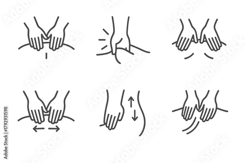 Therapeutic Massage Icons. Line style icons of therapeutic massage techniques: deep tissue, trigger point, myofascial release,