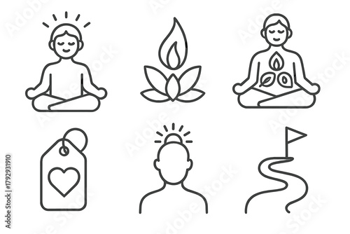 Ayurvedic Spiritual Icons. Line style icons of Ayurveda: spiritual health, inner light symbol, meditation with doshas, soul