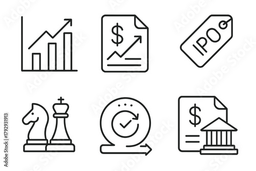 Angel Exit Icons. Line style icons of Angel Exit ROI Scenarios: Exit multiple chart, cash-on-cash return file, IPO gain tag,