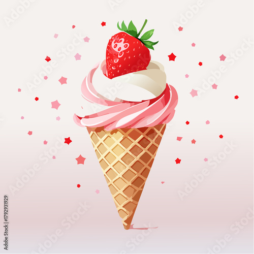 Delightful Strawberry Soft Serve Ice Cream Cone Illustration - A Sweet and Refreshing Summer Dessert Treat Adorned with Fresh Fruit and Playful Sprinkles
