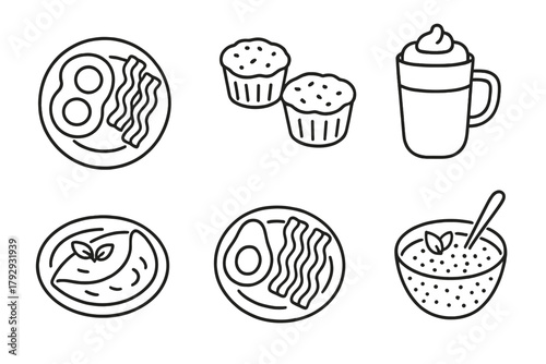 Keto Diet Icons. Line style icons of ketogenic diet: keto breakfast, egg muffins icon, bacon and avocado plate, bulletproof coffee