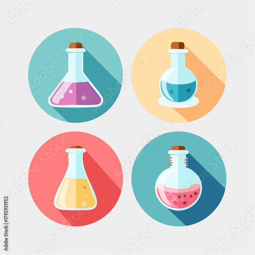A vibrant collection of flat design laboratory flasks with colorful liquids and cork stoppers, representing science, chemistry, and experimentation as modern graphic icons