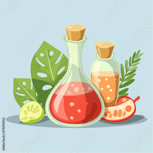 Aromatic Elixirs Illustrations of Herbal Ingredients and Essential Oil Bottles in Flat Design