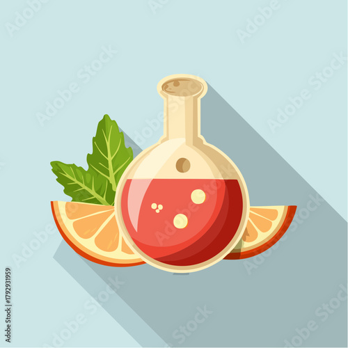 Vibrant flat design illustration of a laboratory flask with red liquid, fresh orange slices, and mint leaves, symbolizing natural essences, refreshing drinks, or healthy flavor concepts