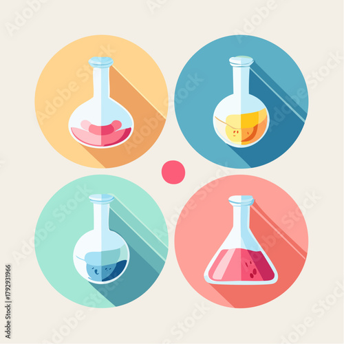 Vector set of science and chemistry icons featuring laboratory flasks with colorful liquids and long shadows in a flat design style