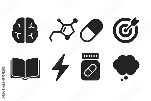 Nootropics Solid Icons. Solid style icons of Nootropics: Brain, Chemical Structure, Pill, Focus, Open Book, Lightning Bolt,