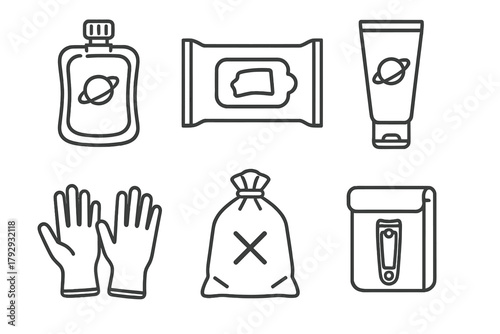 Space Hygiene Icons. Line style icons of Space Hygiene Items: no-rinse shampoo pouch, body wipe pack, waterless soap tube, hygiene