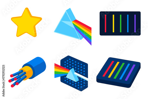 Spectral Analysis Icons. Isometric vector illustration set Spectral Analysis: Star, Prism, Light Spectrum, Emission Line, Fiber