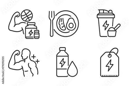 Nutrition Science Icons. Line style icons of nutrition science: sports and performance nutrition, pre-workout meal icon,