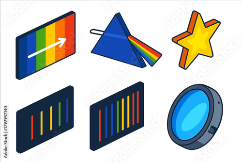 Isometric Spectrum Icons. Isometric vector illustration set Spectral Analysis: Light Spectrum, Prism, Emission Line, Star,