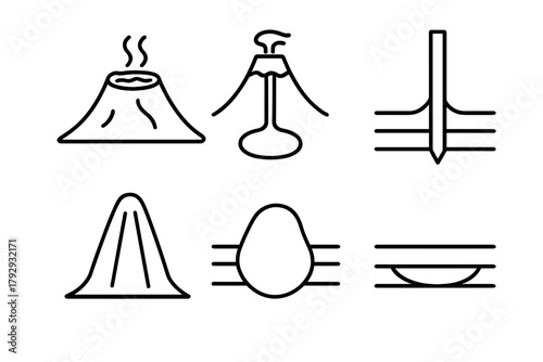 Volcanology Line Icons. Line style icons of volcanology: lava lake, magma conduit, dike intrusion, volcanic plug, batholith icon,