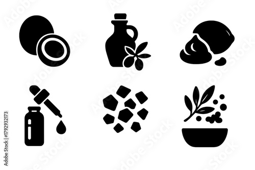 Natural Soap Ingredients Icons. Solid style icons of Natural Soap Ingredients: Coconut Oil, Olive Oil, Shea Butter, Essential Oil,