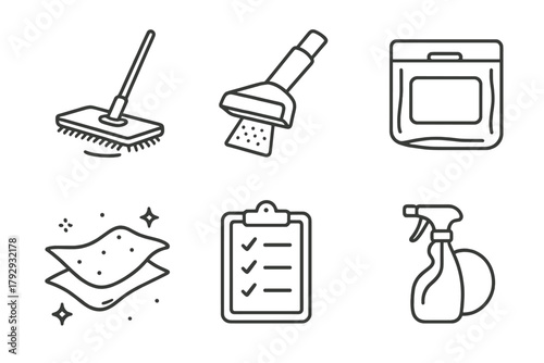 Zero-Gravity Cleaning Icons. Line style icons of Cleaning Tools for Zero-Gravity: velcro mop, filtered vacuum nozzle, wipe pad