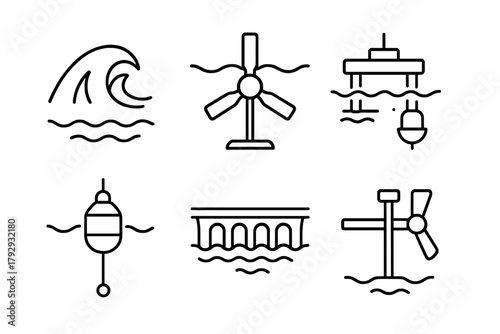 Renewable Energy Icons. Line style icons of renewable energy: ocean wave energy, tidal turbine, wave generator platform, buoy