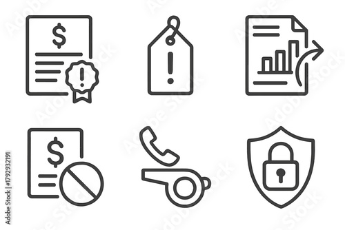 Hedge Fund Icons. Line style icons of hedge funds: regulatory fine icon, risk alert tag, audit trail symbol, fund deactivation