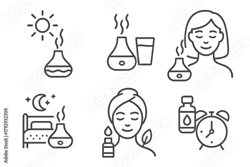 Aromatherapy Routine Icons. Line style icons of daily aromatherapy routine: morning boost, mid-day refresh, evening relax, deep