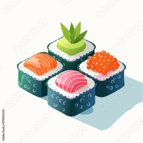 Delicious and colorful vector illustration of four diverse Japanese sushi pieces, featuring fresh salmon, savory tuna, creamy avocado, and glistening red roe, ideal for culinary themes