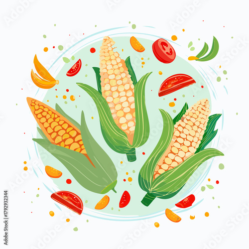 Vibrant illustration of fresh corn on the cob with tomato slices and festive sprinkles, celebrating healthy eating and summer harvest bounty