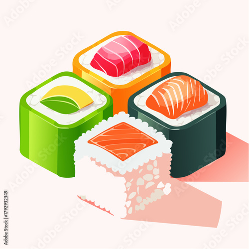 Vibrant illustration of delicious maki sushi rolls, showcasing fresh tuna, salmon, and avocado, rendered in a modern, clean graphic style ideal for culinary designs