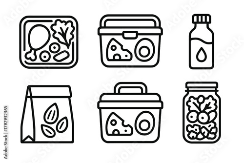 Ketogenic Travel Essentials. Line style icons of ketogenic diet: keto travel meals, packed keto lunchbox, travel-size MCT oil, dry