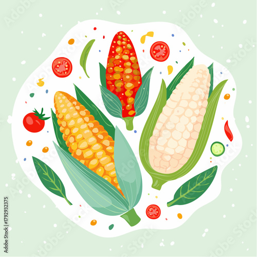Vibrant vector illustration showcasing a fresh harvest of diverse corn varieties, including yellow, red, and white cobs, surrounded by tomatoes and herbs