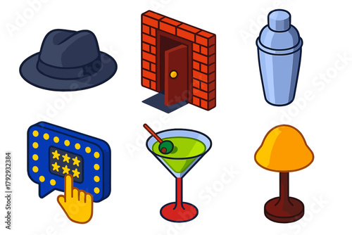 Speakeasy Icon Set. Isometric vector illustration set Speakeasy: Fedora, Hidden Door, Cocktail Shaker, Secret Password, Martini