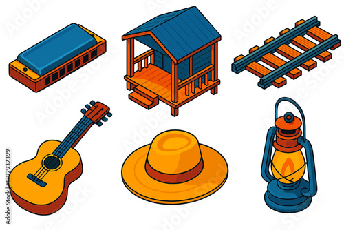 Delta Blues Icons. Isometric vector illustration set Delta Blues: Harmonica, Porch, Railroad Track, Acoustic Guitar, Sun Hat, Tin